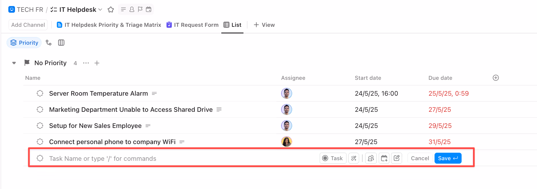 Adding tasks from a list